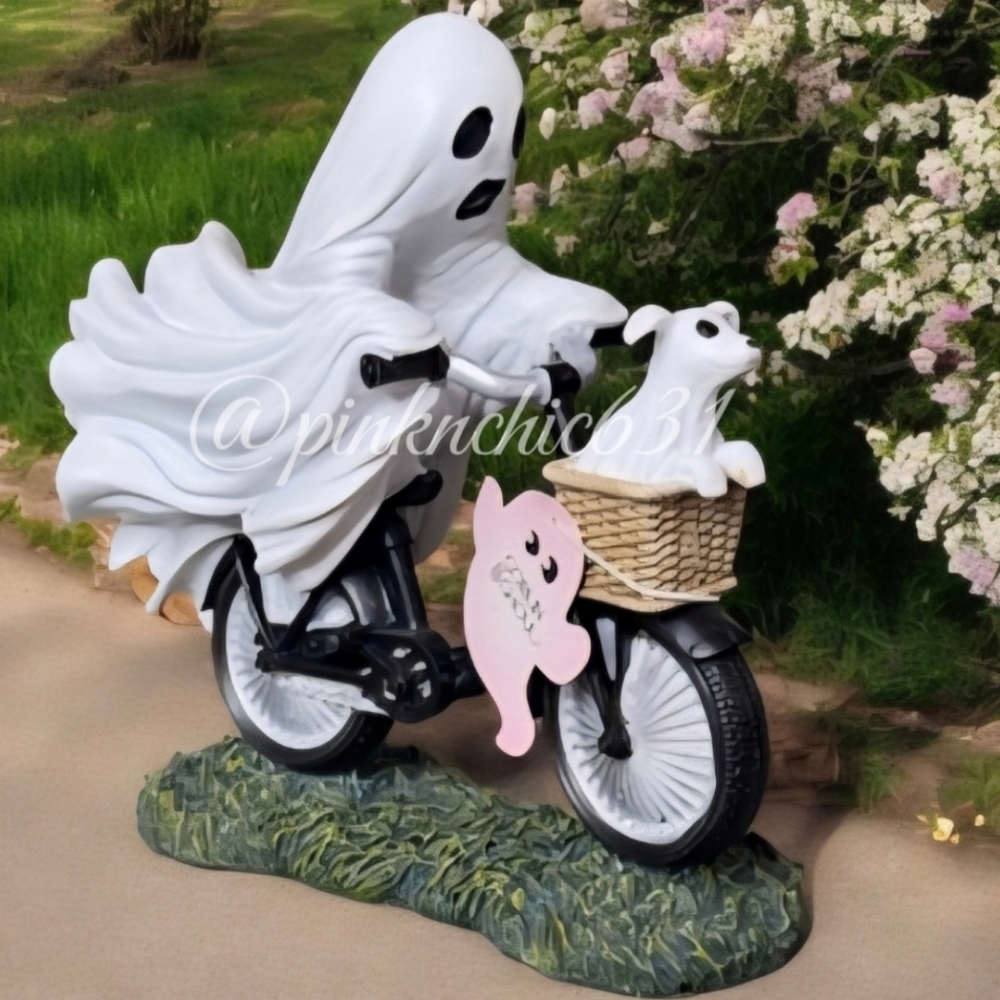 Goblins & Ghoul Ghost Riding A Bicycle Halloween Figurine with Dog In The Basket
